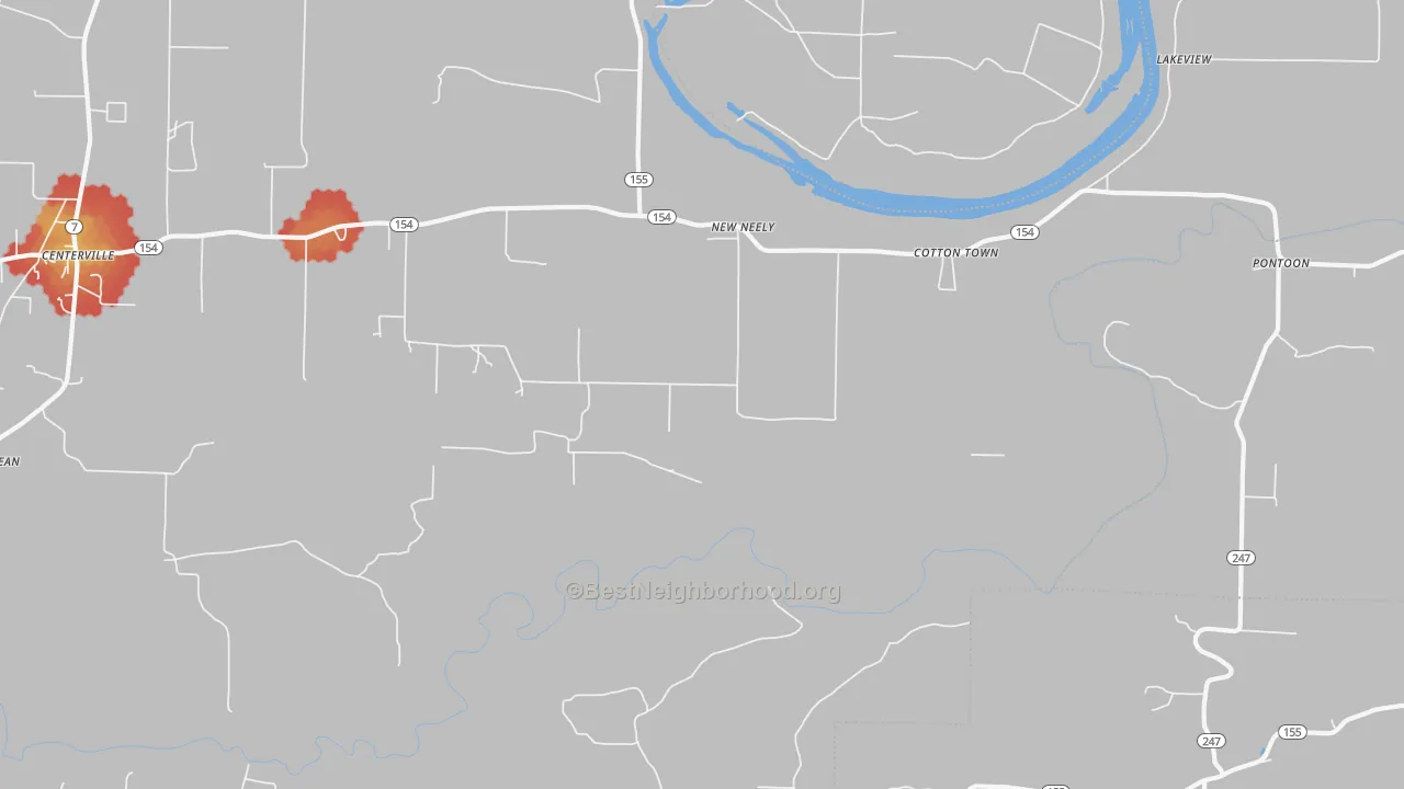 Walk Grade map of Cotton Town, AR, walkable areas in green and car-dependent areas in red