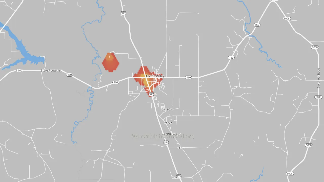 Walk Grade map of Cotton Valley, LA, walkable areas in green and car-dependent areas in red