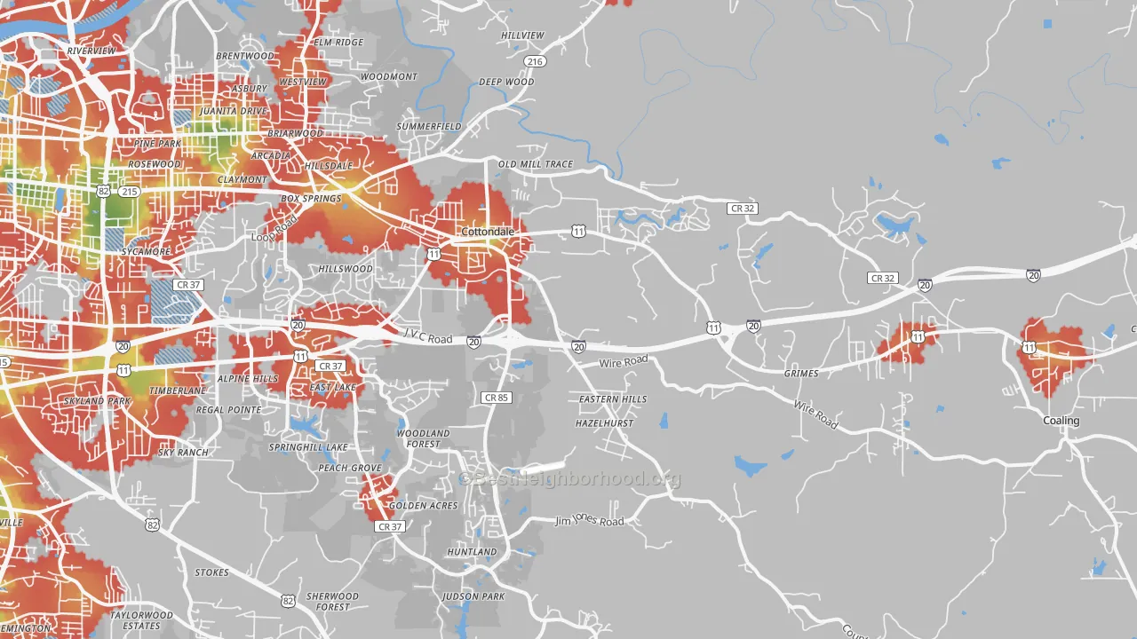 Walk Grade map of Cottondale, AL, walkable areas in green and car-dependent areas in red