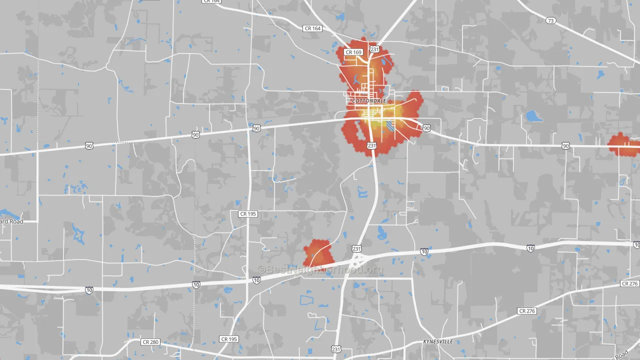 Walk Grade map of Cottondale, FL, walkable areas in green and car-dependent areas in red