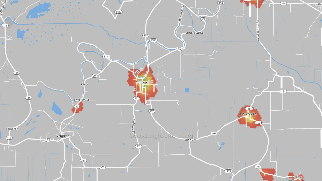 Walk Grade map of Cottonport, LA, walkable areas in green and car-dependent areas in red