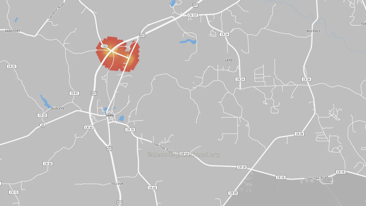 Walk Grade map of Cottonton, AL, walkable areas in green and car-dependent areas in red