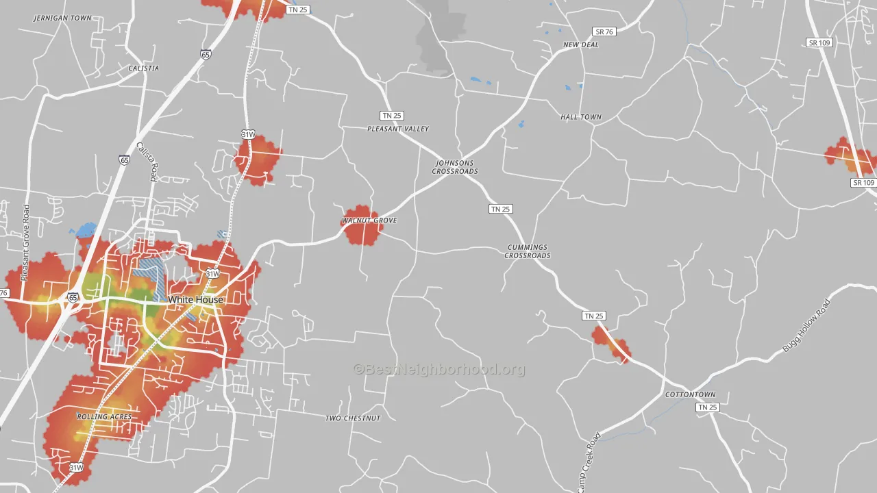 Walk Grade map of Cottontown, TN, walkable areas in green and car-dependent areas in red