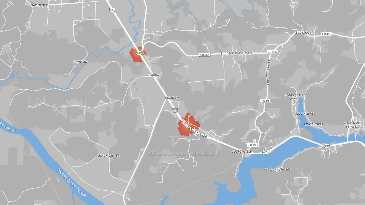 Walk Grade map of Cottonville, AL, walkable areas in green and car-dependent areas in red