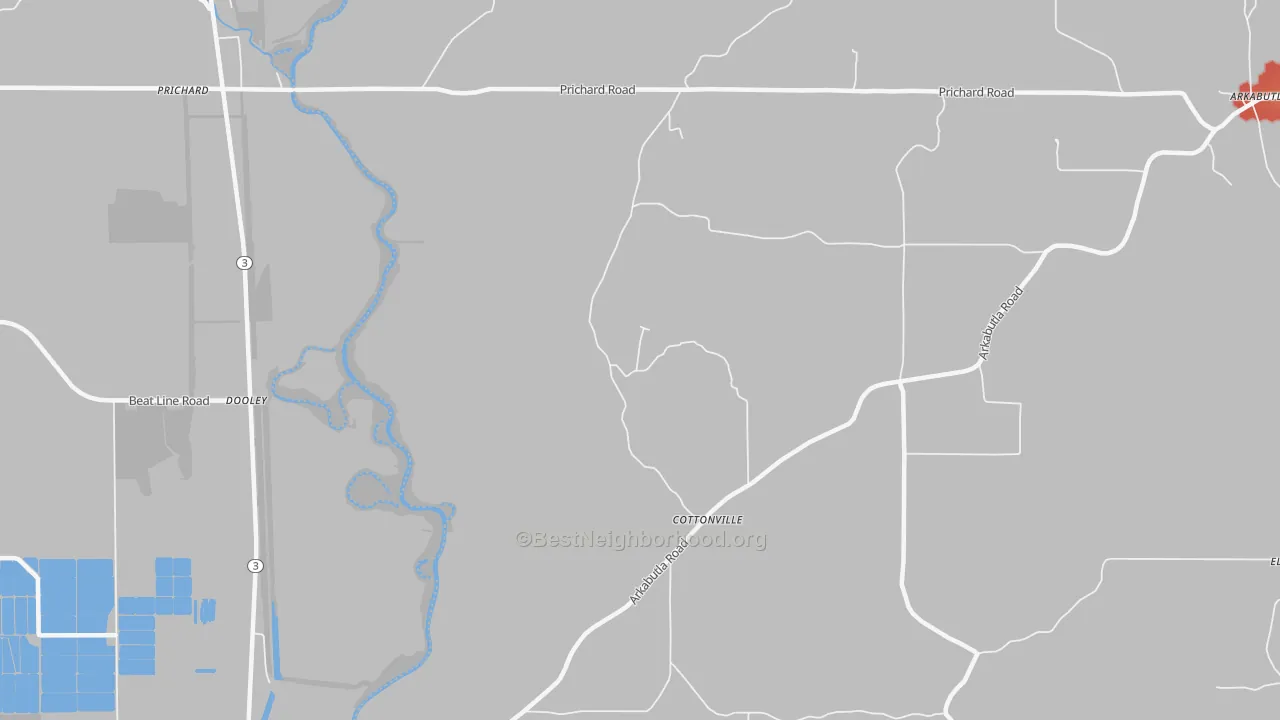Walk Grade map of Cottonville, MS, walkable areas in green and car-dependent areas in red