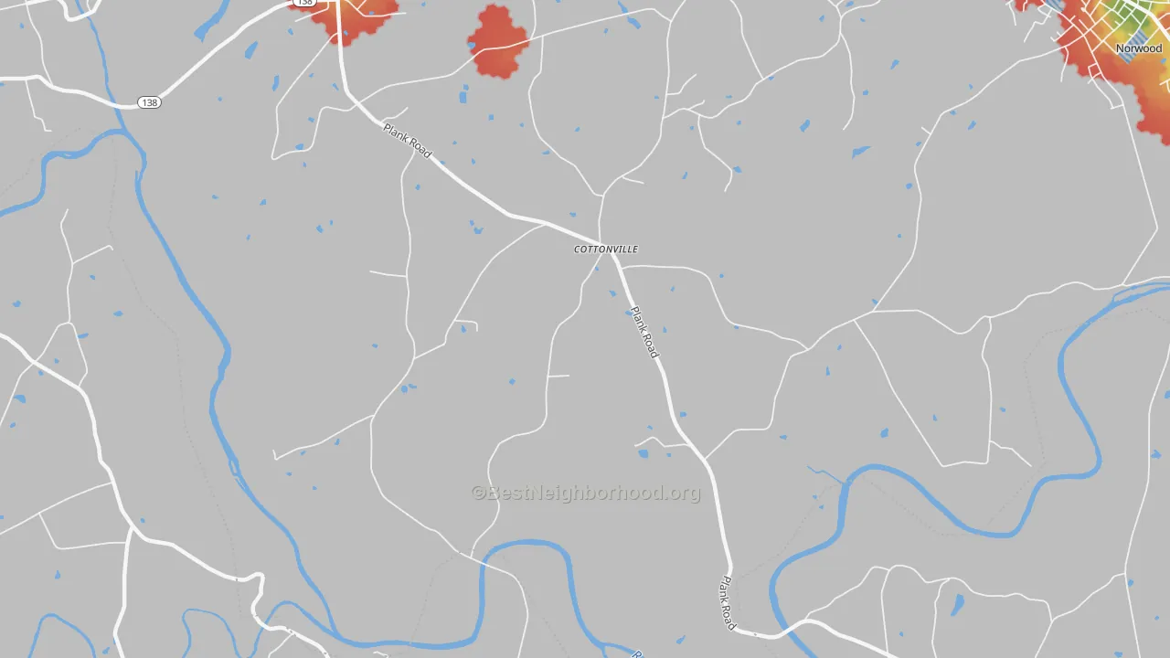 Walk Grade map of Cottonville, NC, walkable areas in green and car-dependent areas in red