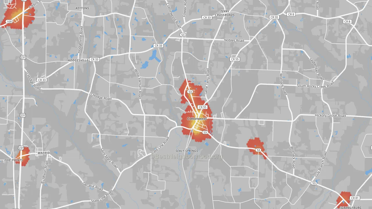 Walk Grade map of Cottonwood, AL, walkable areas in green and car-dependent areas in red