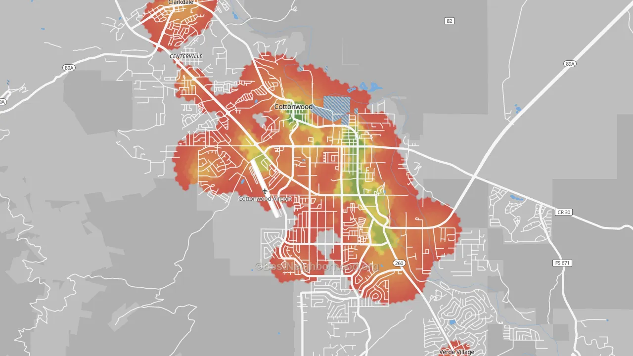 Walk Grade map of Cottonwood, AZ, walkable areas in green and car-dependent areas in red