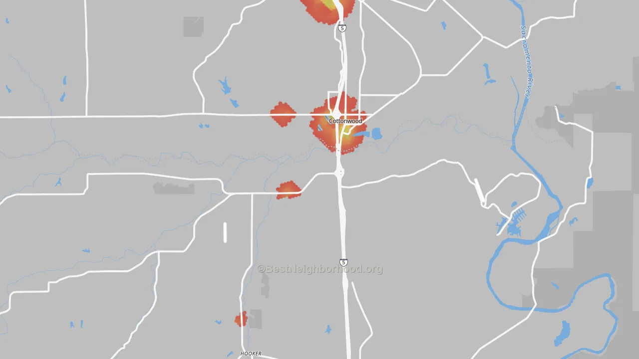 Walk Grade map of Cottonwood, CA, walkable areas in green and car-dependent areas in red