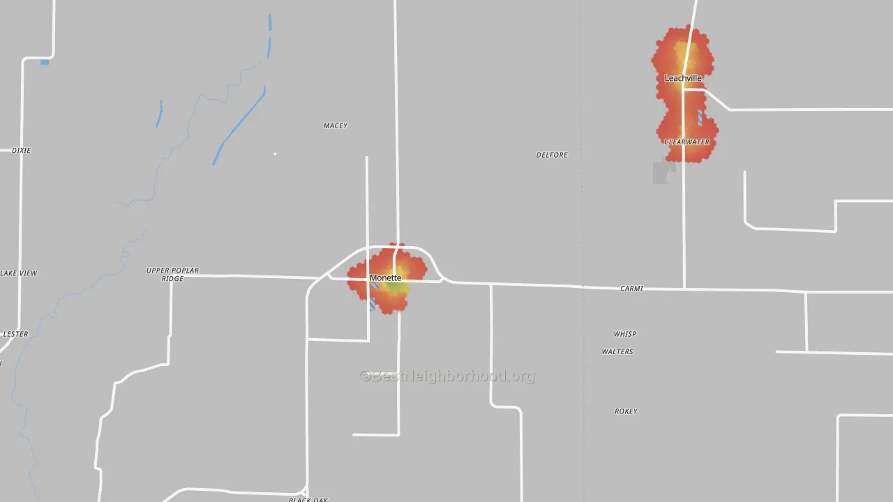 Walk Grade map of Cottonwood Corner, AR, walkable areas in green and car-dependent areas in red