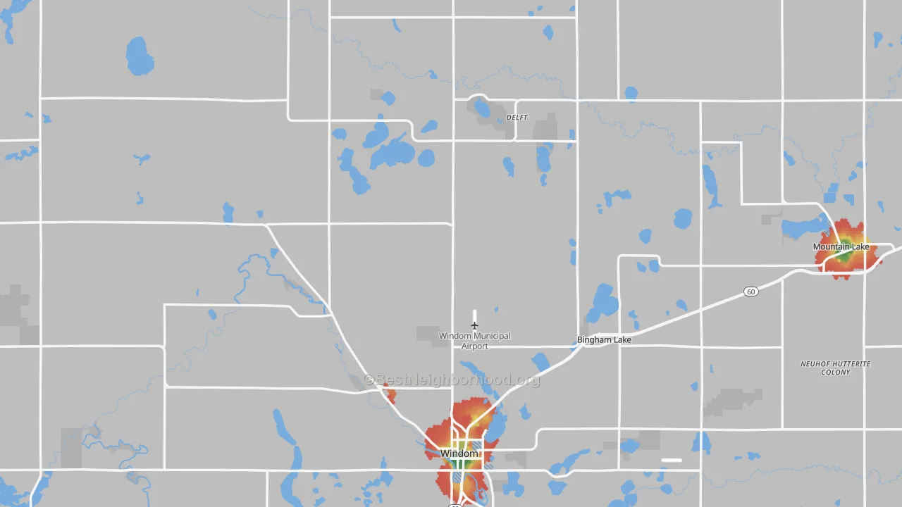 Walk Grade map of Cottonwood County, MN, walkable areas in green and car-dependent areas in red