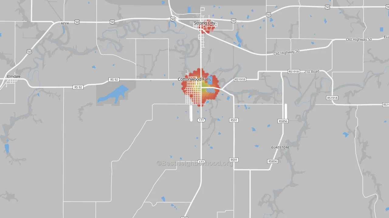 Walk Grade map of Cottonwood Falls, KS, walkable areas in green and car-dependent areas in red