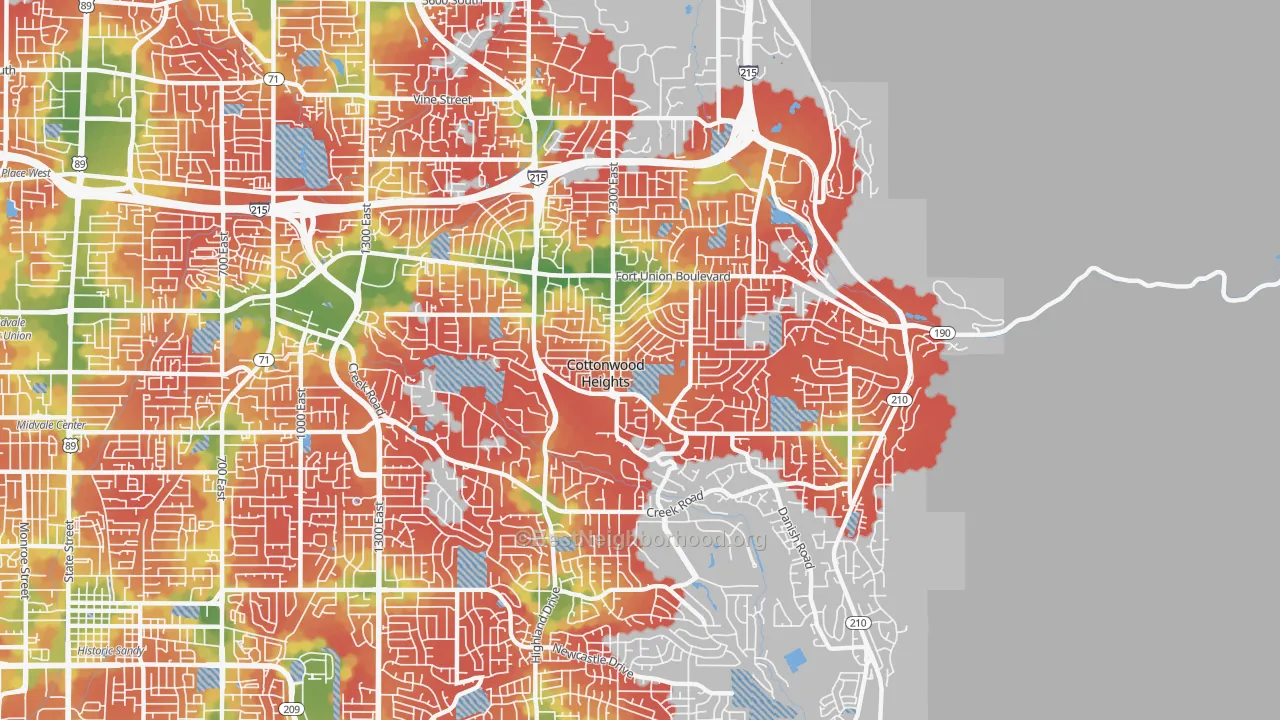 Walk Grade map of Cottonwood Heights, UT, walkable areas in green and car-dependent areas in red