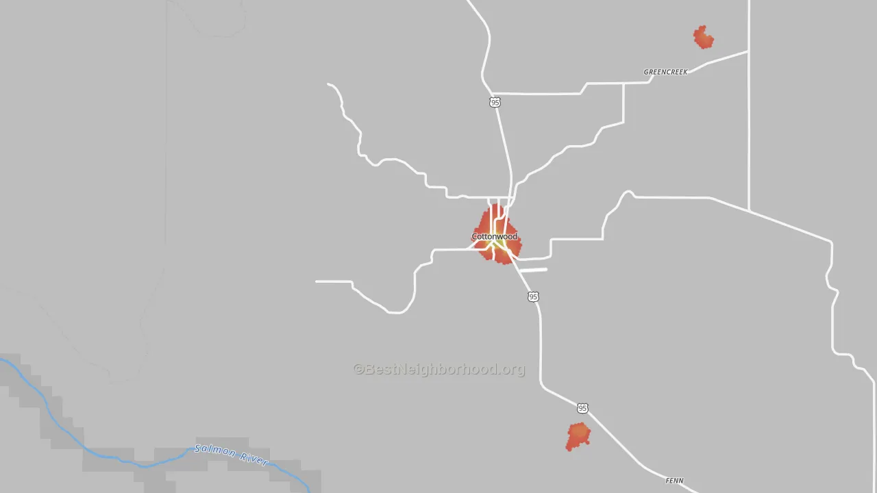 Walk Grade map of Cottonwood, ID, walkable areas in green and car-dependent areas in red