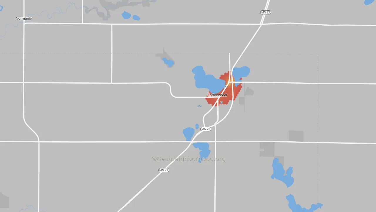 Walk Grade map of Cottonwood, MN, walkable areas in green and car-dependent areas in red