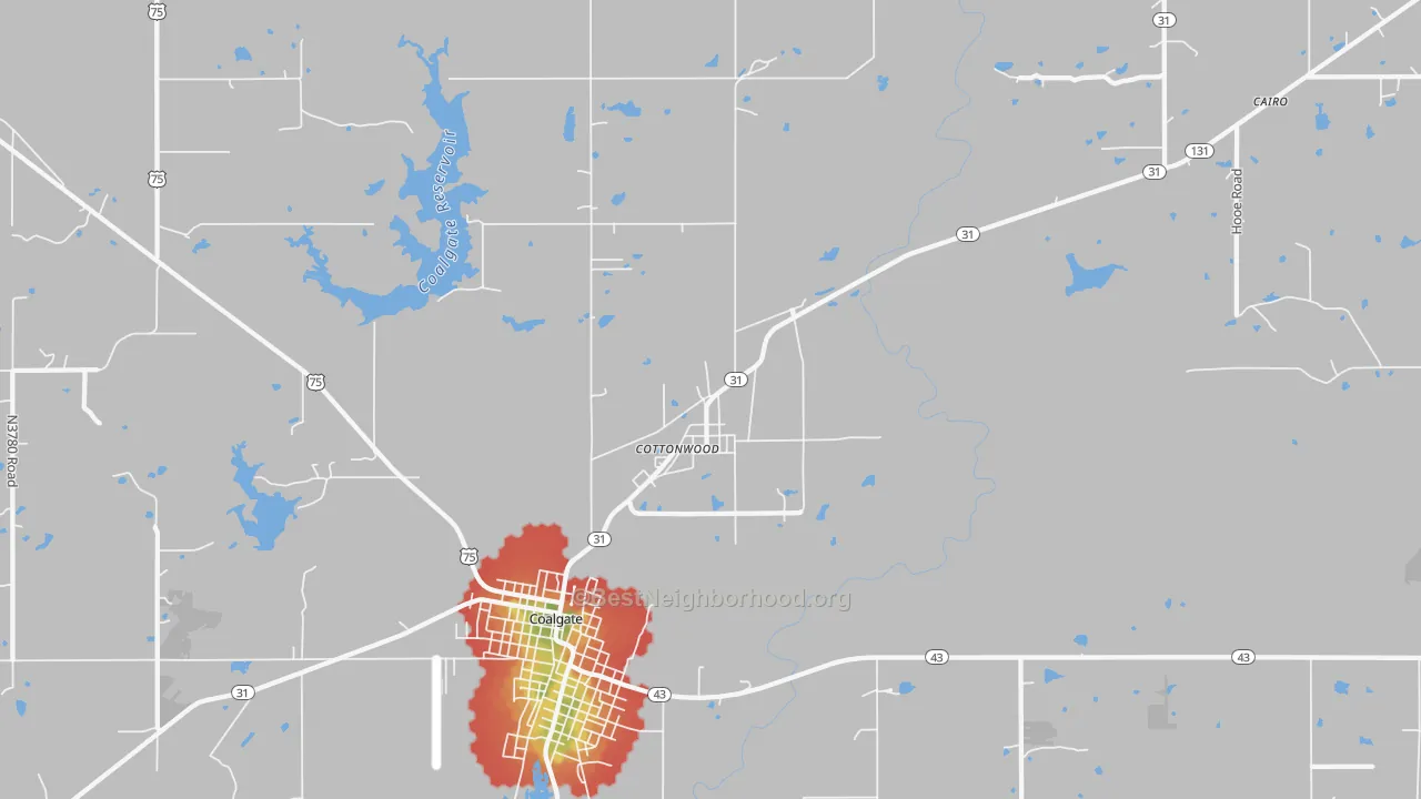 Walk Grade map of Cottonwood, OK, walkable areas in green and car-dependent areas in red
