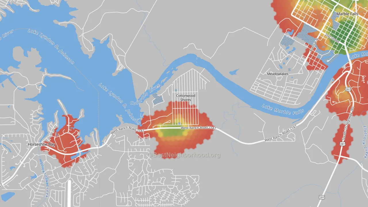 Walk Grade map of Cottonwood Shores, TX, walkable areas in green and car-dependent areas in red