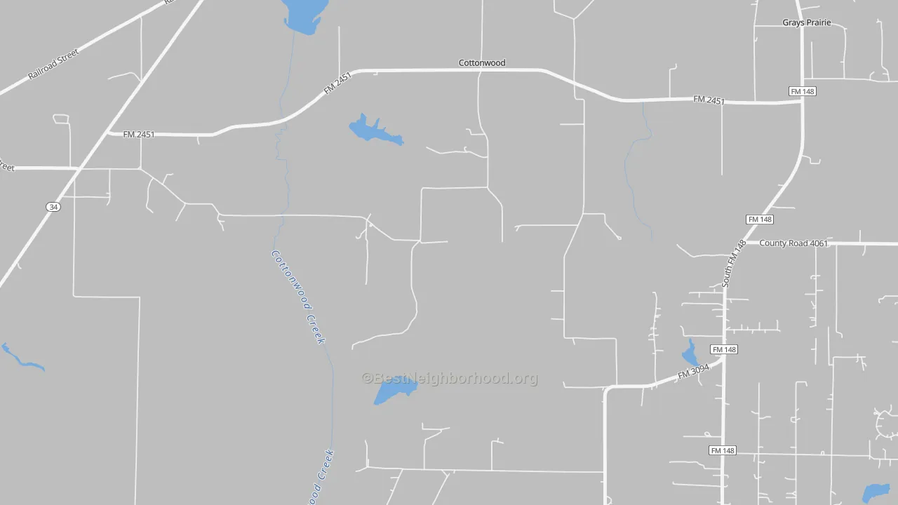 Walk Grade map of Cottonwood, TX, walkable areas in green and car-dependent areas in red