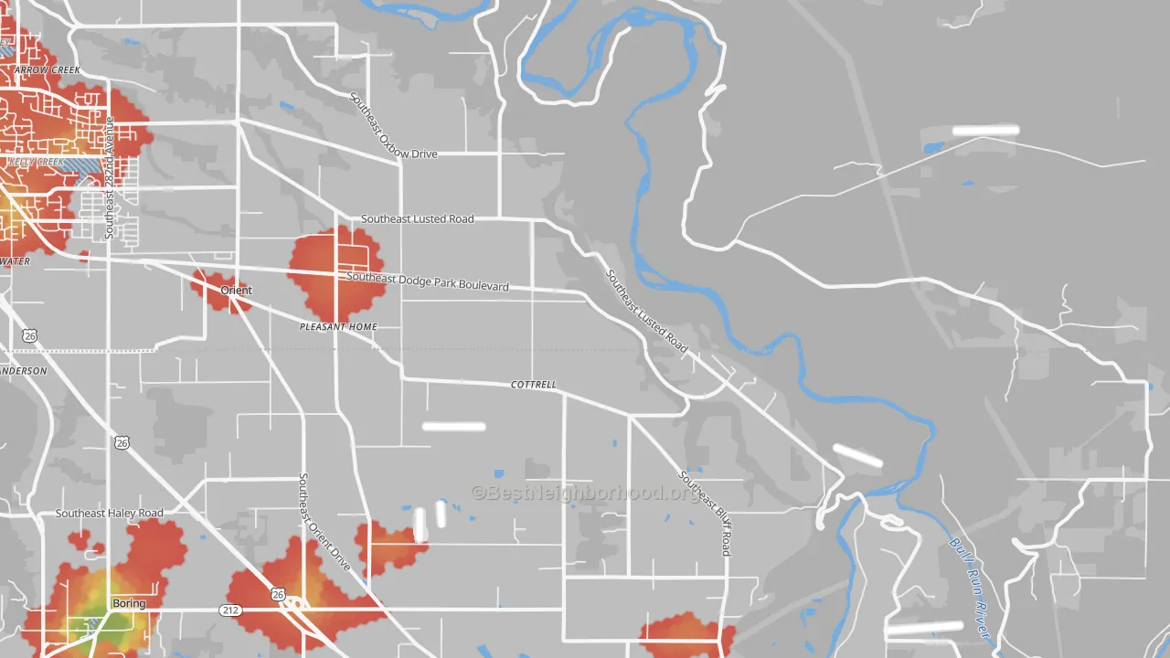 Walk Grade map of Cottrell, OR, walkable areas in green and car-dependent areas in red