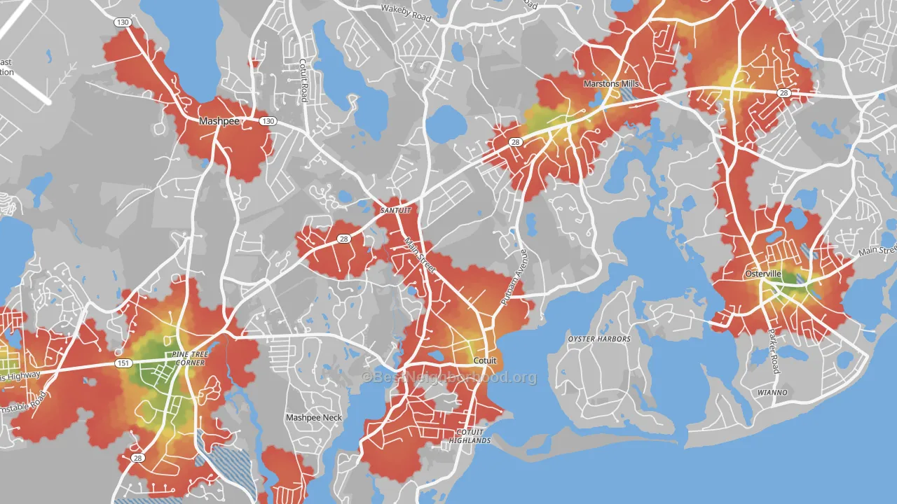 Walk Grade map of Cotuit, MA, walkable areas in green and car-dependent areas in red