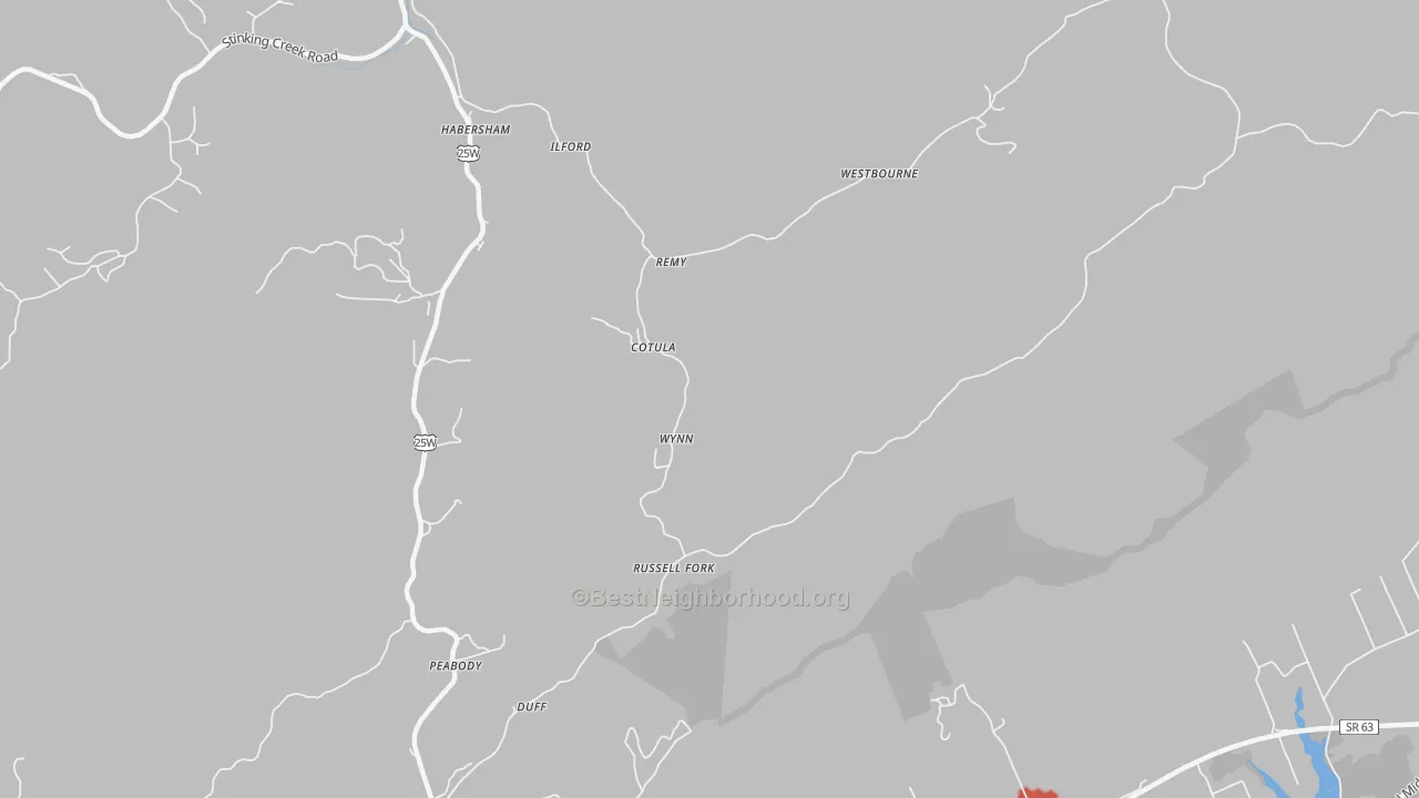 Walk Grade map of Cotula, TN, walkable areas in green and car-dependent areas in red