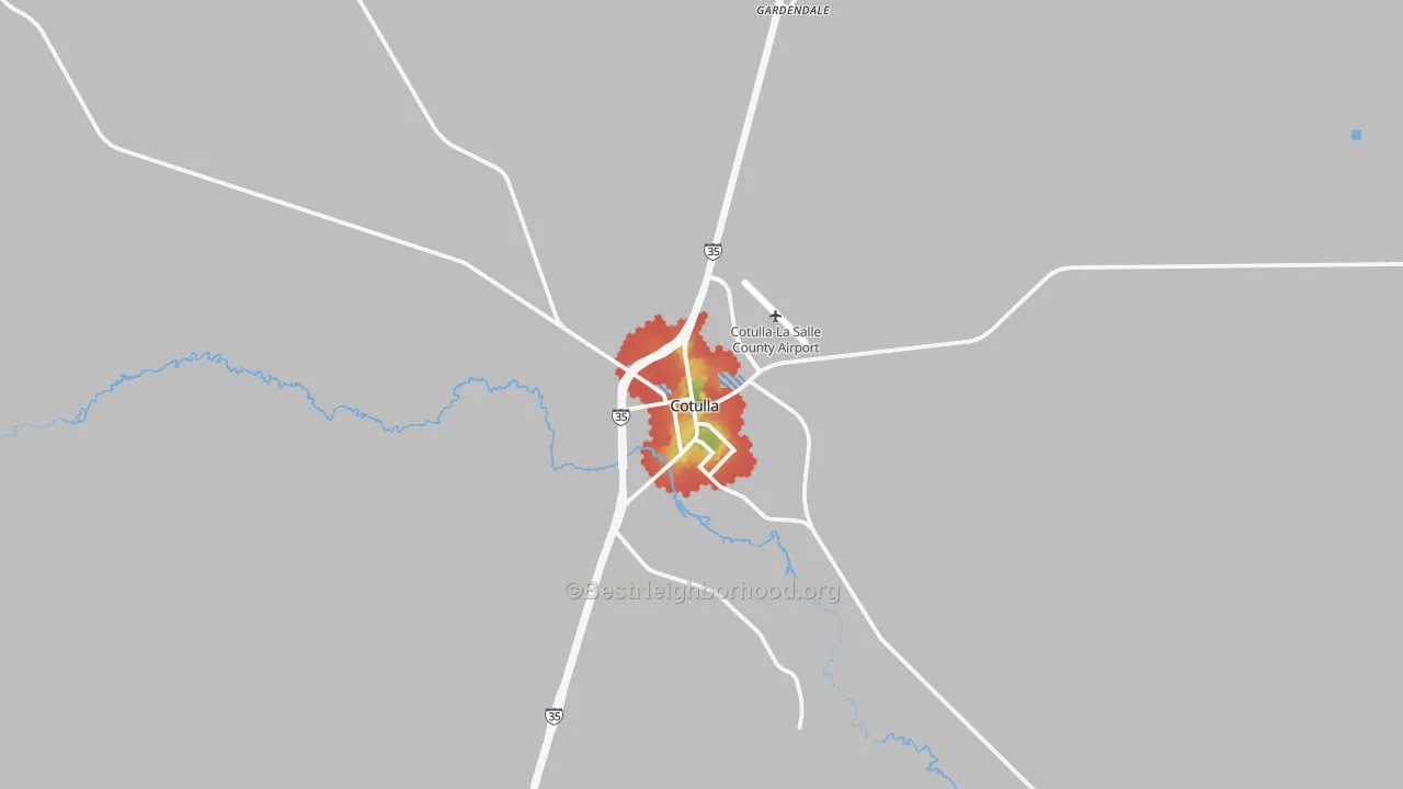 Walk Grade map of Cotulla, TX, walkable areas in green and car-dependent areas in red