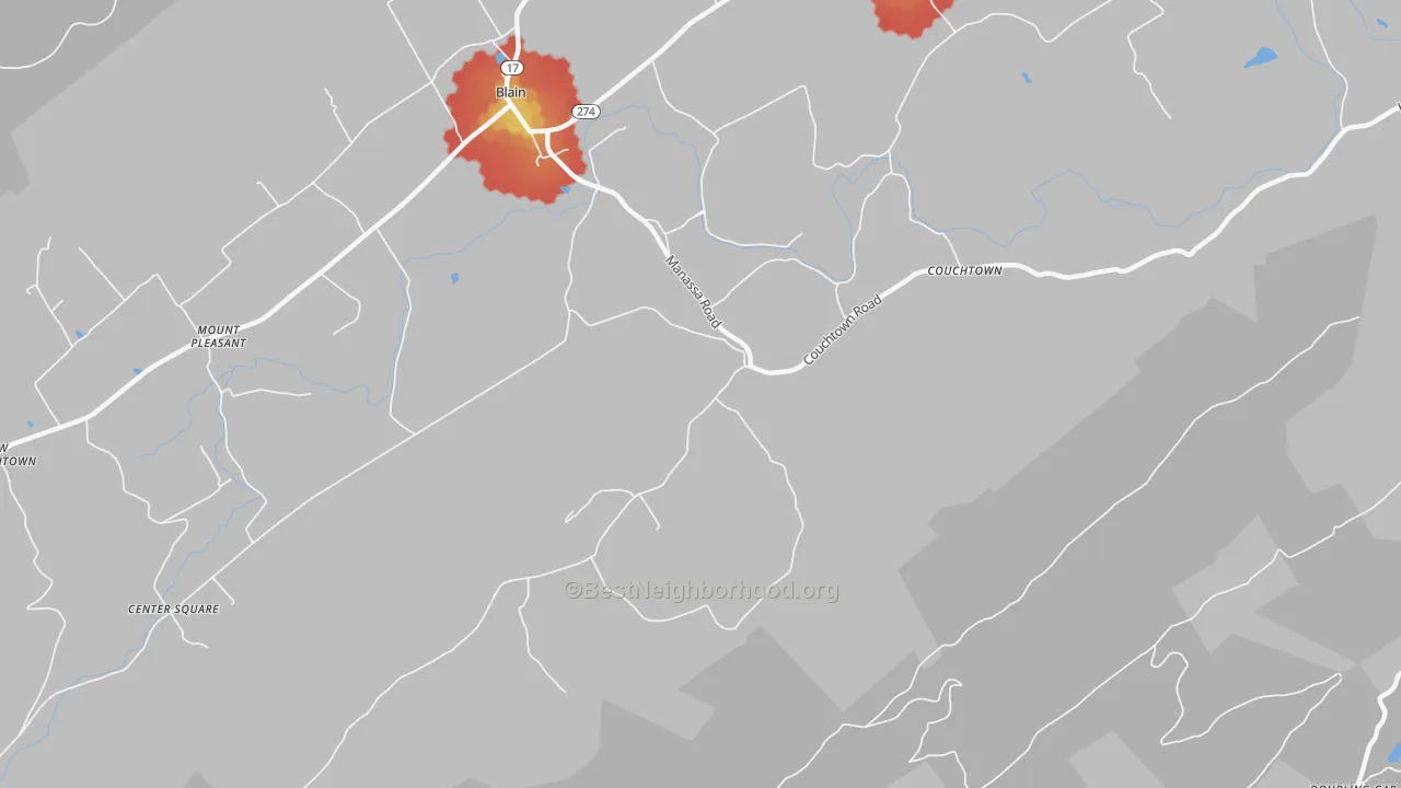 Walk Grade map of Couchtown, PA, walkable areas in green and car-dependent areas in red