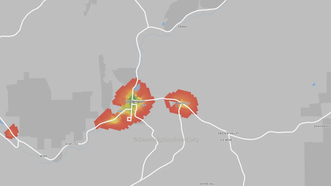 Walk Grade map of Coudersport, PA, walkable areas in green and car-dependent areas in red