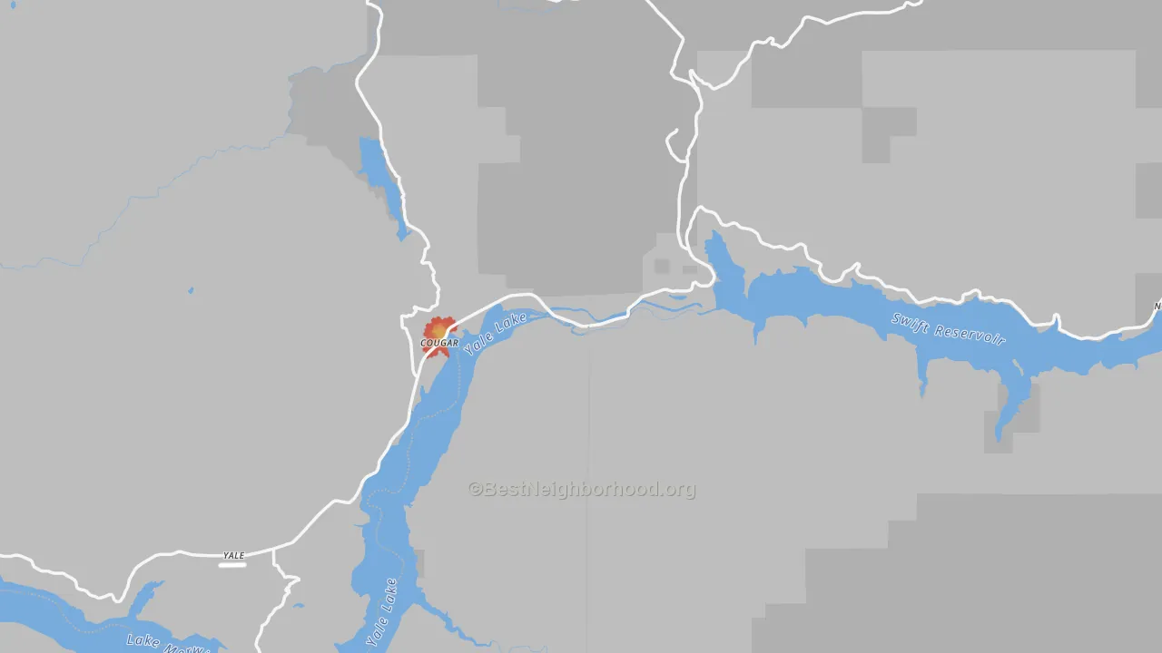 Walk Grade map of Cougar, WA, walkable areas in green and car-dependent areas in red