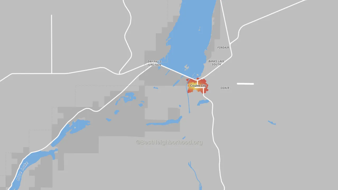 Walk Grade map of Coulee City, WA, walkable areas in green and car-dependent areas in red
