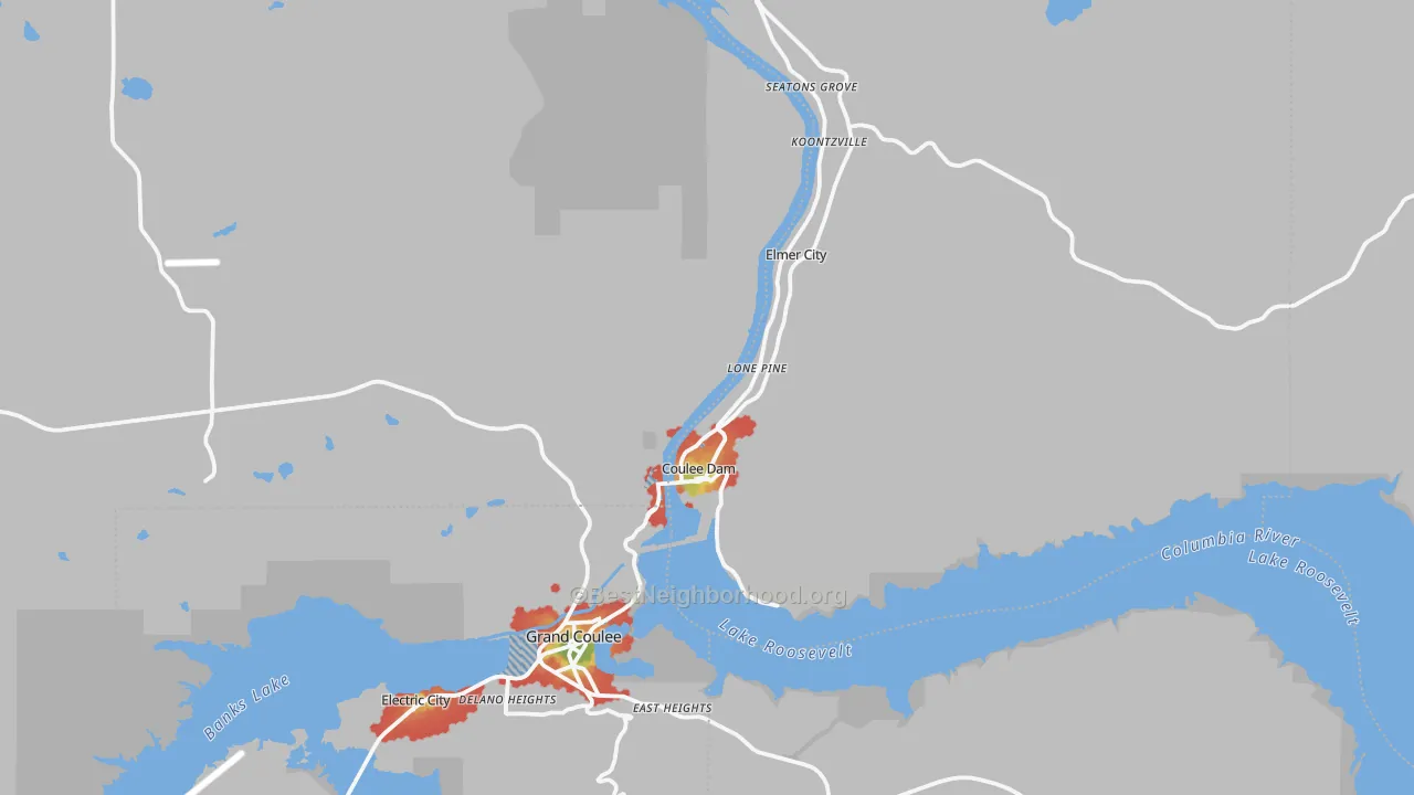 Walk Grade map of Coulee Dam, WA, walkable areas in green and car-dependent areas in red