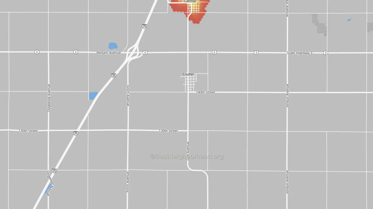 Walk Grade map of Coulter, IA, walkable areas in green and car-dependent areas in red