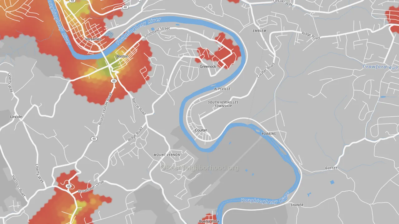 Walk Grade map of Coulters, PA, walkable areas in green and car-dependent areas in red