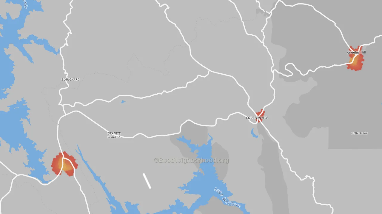Walk Grade map of Coulterville, CA, walkable areas in green and car-dependent areas in red