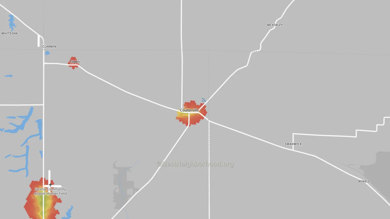 Walk Grade map of Coulterville, IL, walkable areas in green and car-dependent areas in red