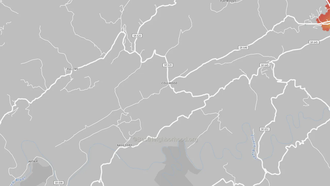 Walk Grade map of Coulwood, VA, walkable areas in green and car-dependent areas in red
