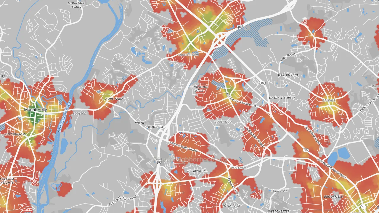 Walk Grade map of Coulwood West, Charlotte, NC, walkable areas in green and car-dependent areas in red