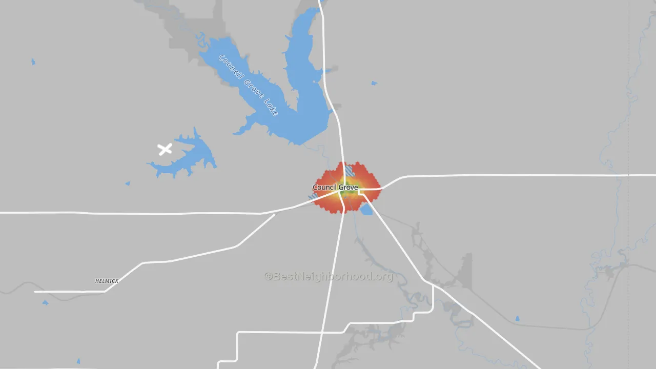 Walk Grade map of Council Grove, KS, walkable areas in green and car-dependent areas in red
