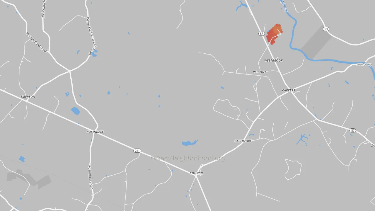 Walk Grade map of Council, NC, walkable areas in green and car-dependent areas in red