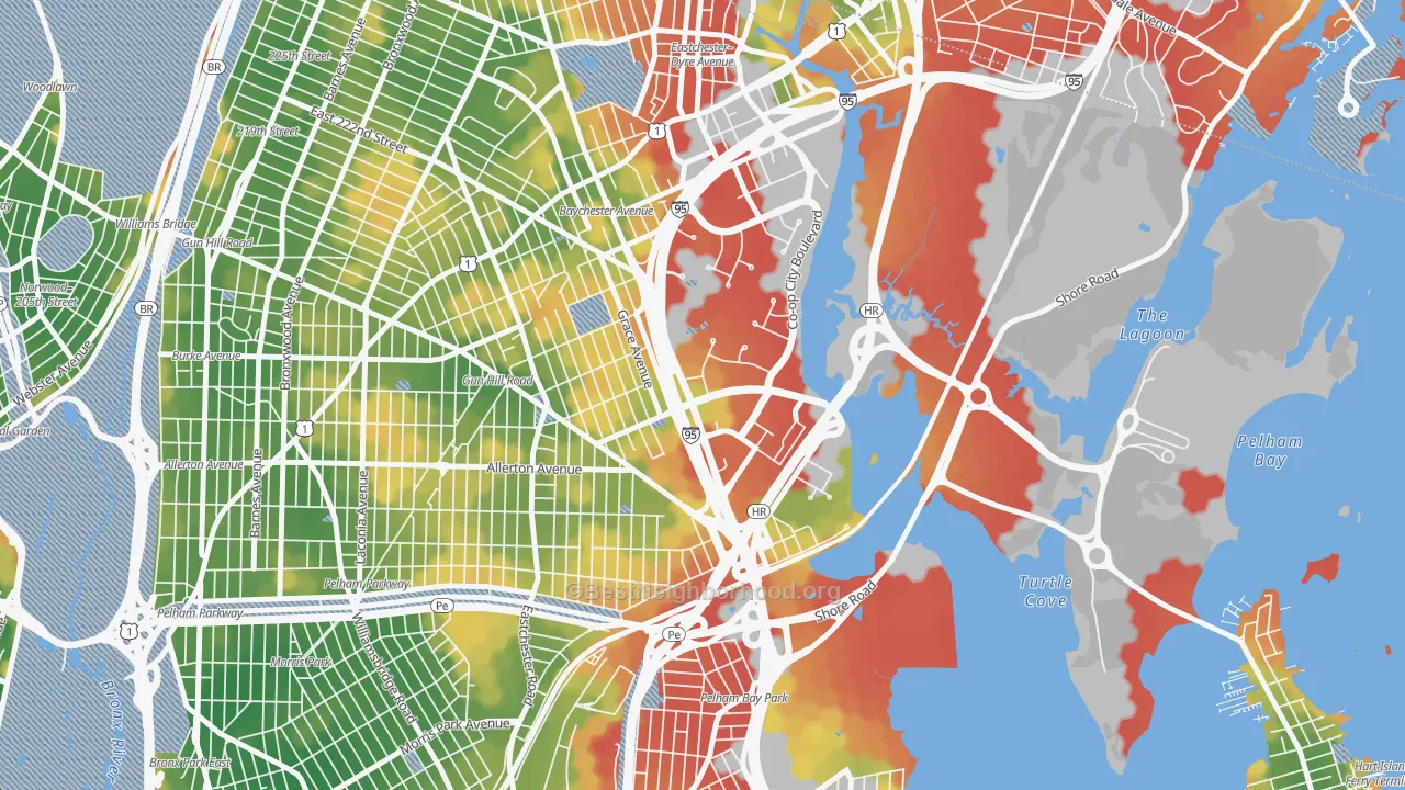 Walk Grade map of Country Club, Bronx, NY, walkable areas in green and car-dependent areas in red