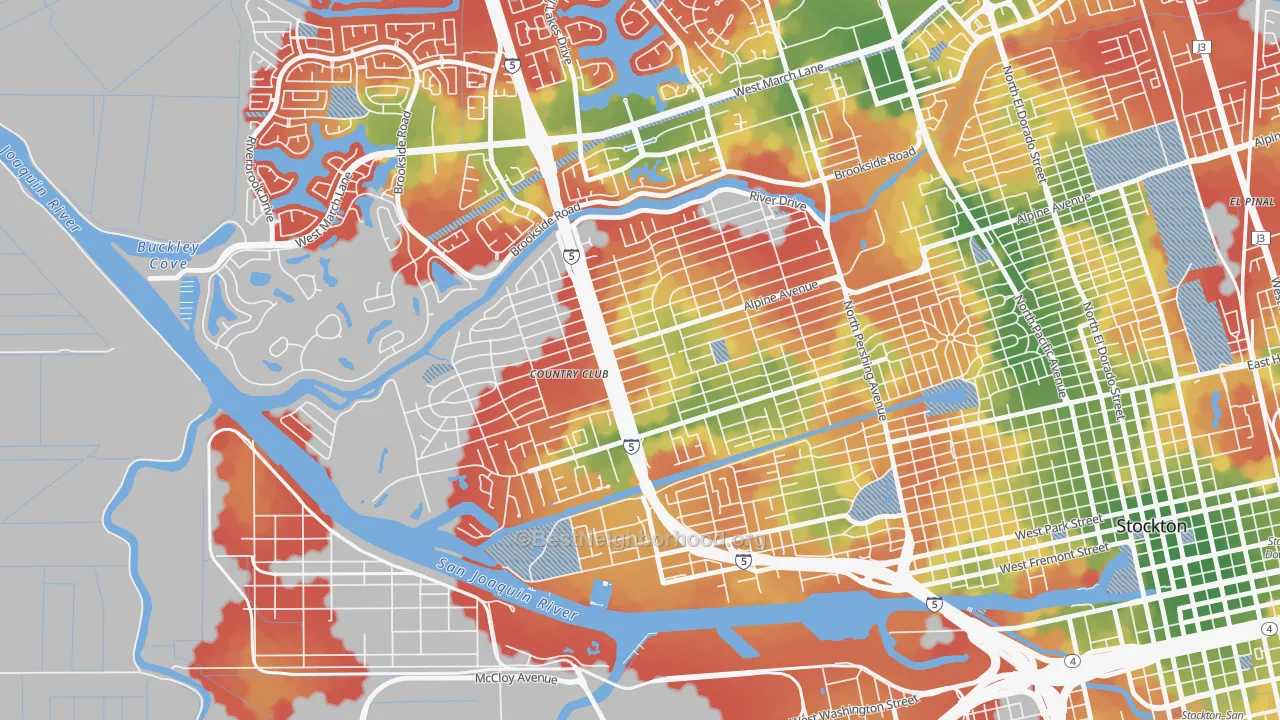 Walk Grade map of Country Club, CA, walkable areas in green and car-dependent areas in red