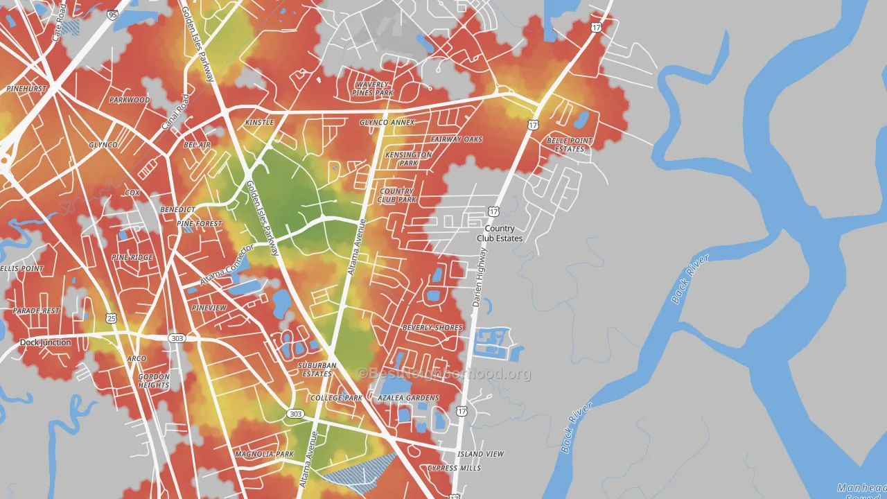 Walk Grade map of Country Club Estates, GA, walkable areas in green and car-dependent areas in red
