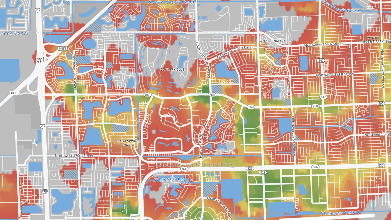 Walk Grade map of Country Club, FL, walkable areas in green and car-dependent areas in red