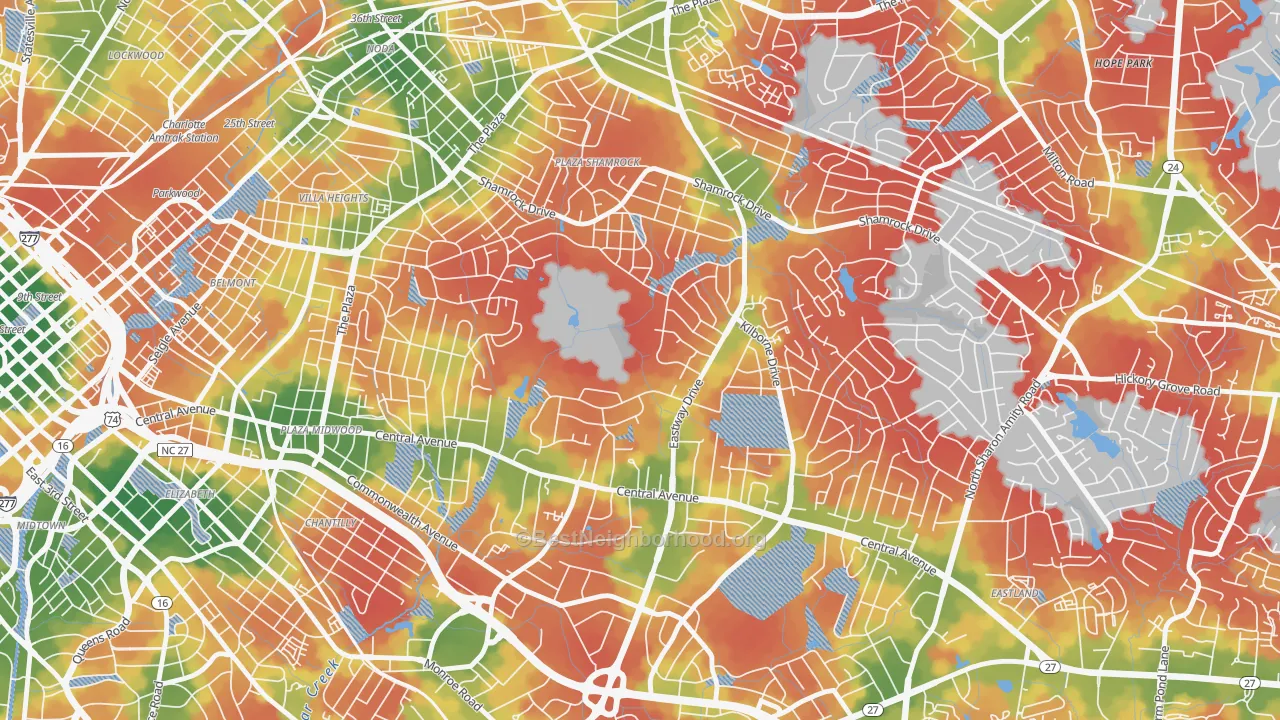 Walk Grade map of Country Club Heights, Charlotte, NC, walkable areas in green and car-dependent areas in red