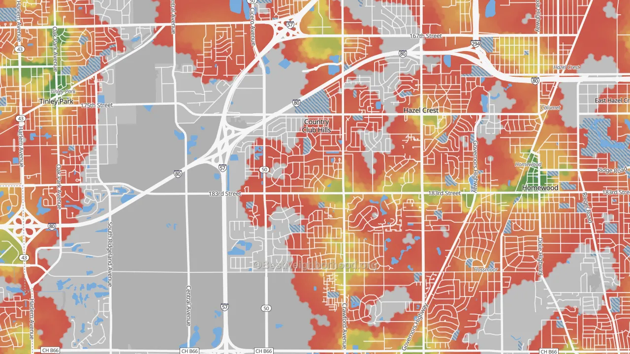 Walk Grade map of Country Club Hills, IL, walkable areas in green and car-dependent areas in red