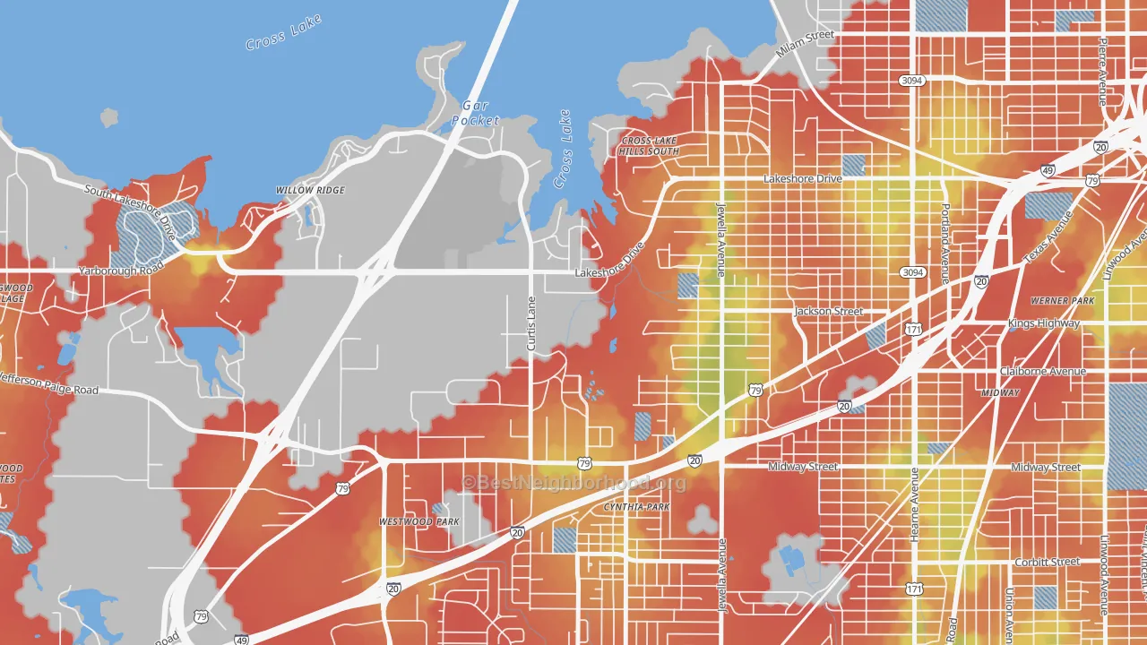 Walk Grade map of Country Club Hills Lakeshore Shops, Shreveport, LA, walkable areas in green and car-dependent areas in red
