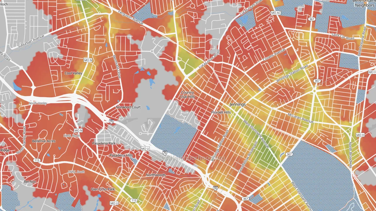 Walk Grade map of Country Club Hills, MO, walkable areas in green and car-dependent areas in red