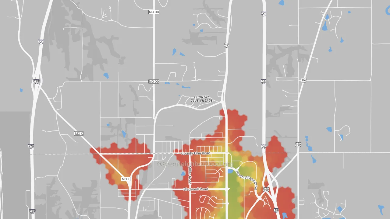 Walk Grade map of Country Club, MO, walkable areas in green and car-dependent areas in red