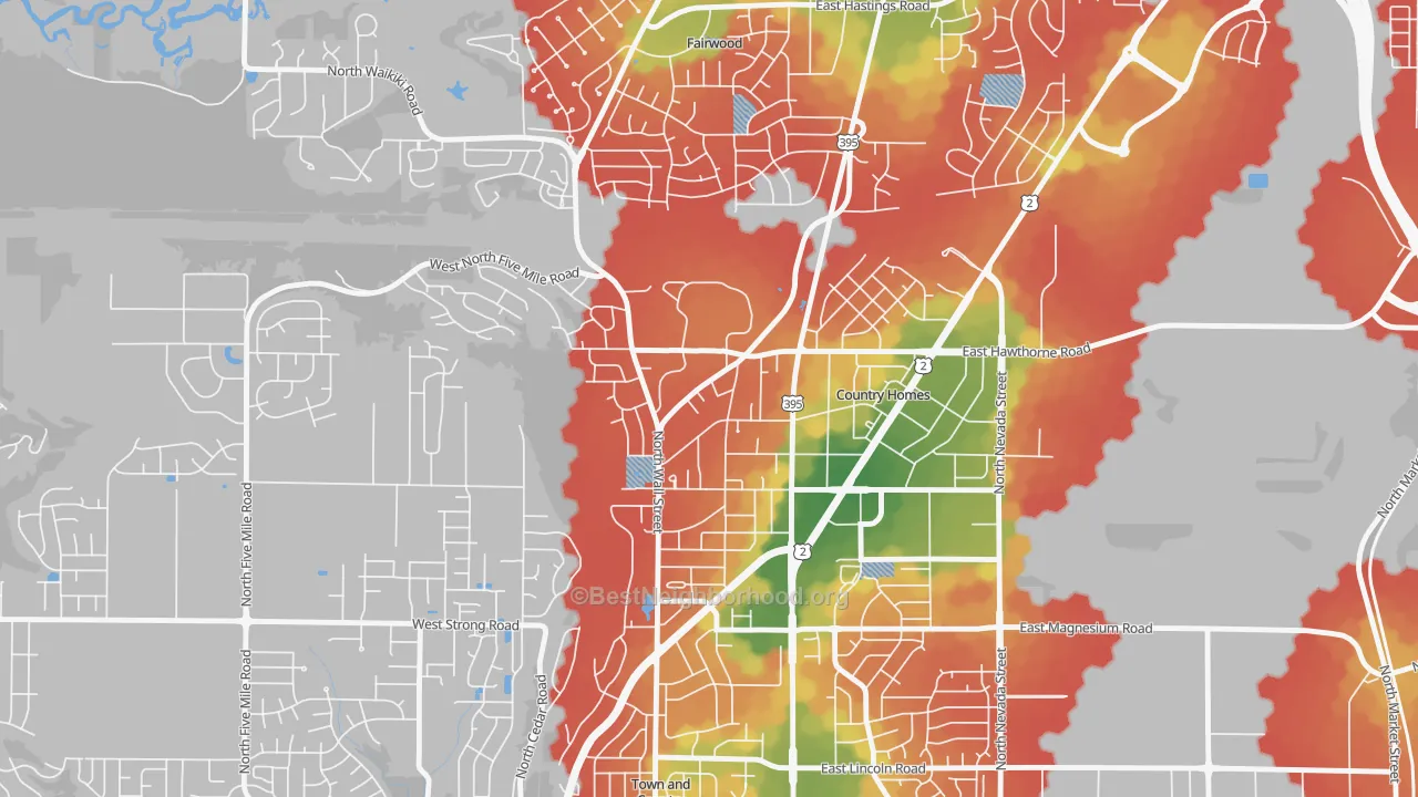 Walk Grade map of Country Homes, WA, walkable areas in green and car-dependent areas in red