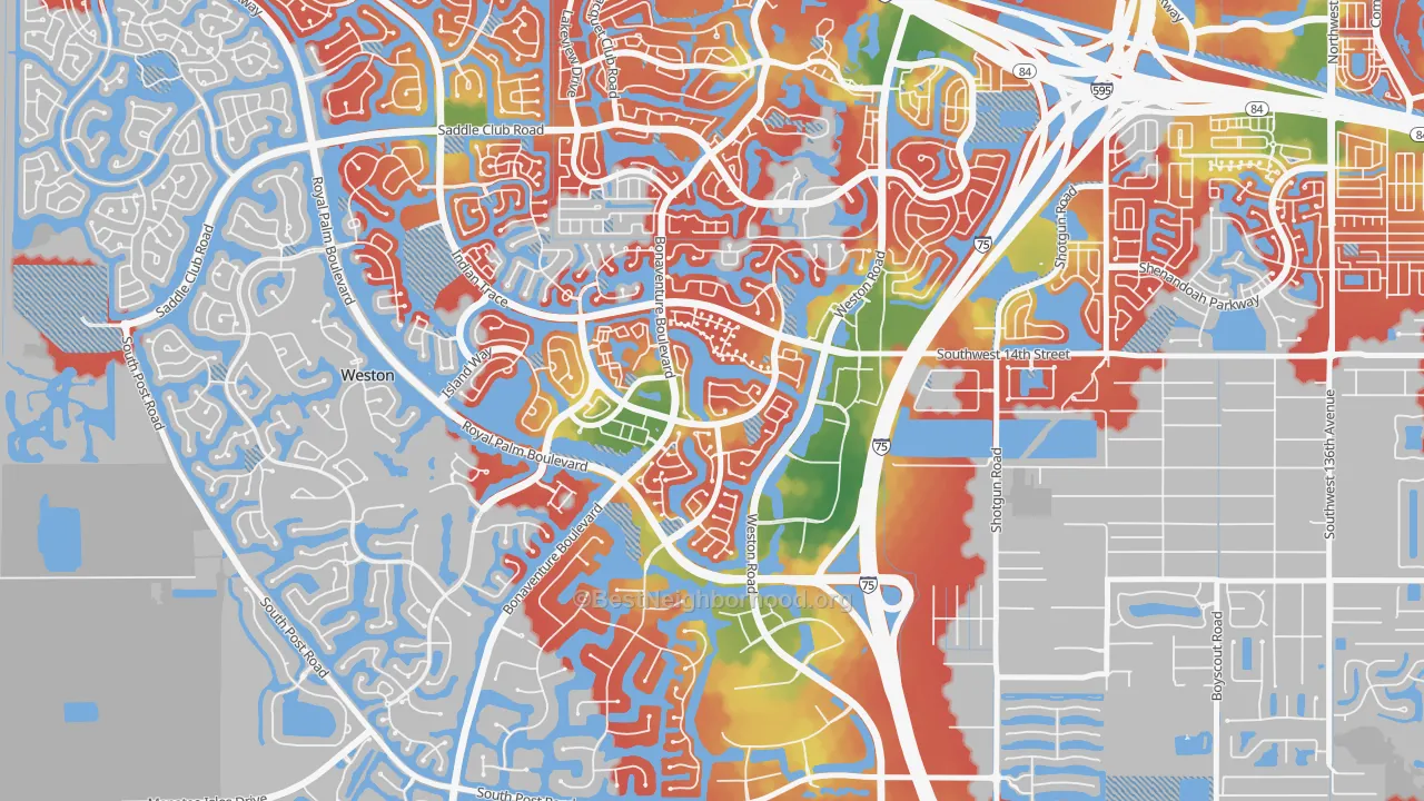 Walk Grade map of Country Isles, Weston, FL, walkable areas in green and car-dependent areas in red